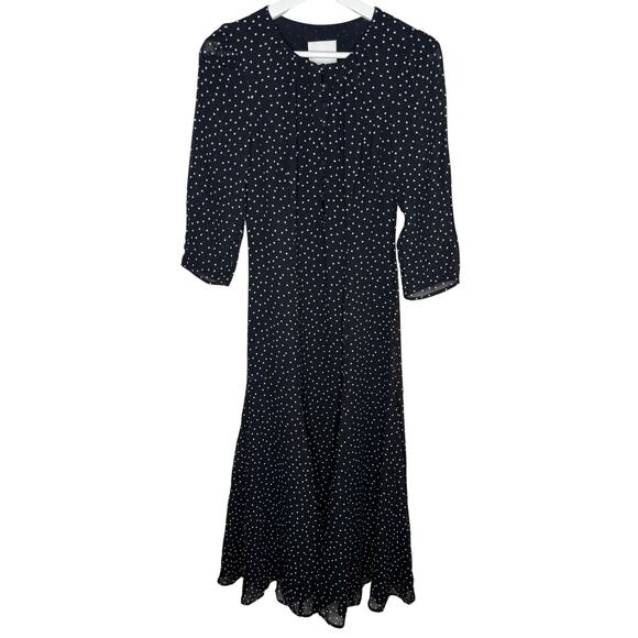 Reformation Mels Chiffon Polka Dot 3/4 Sleeve A-Line Midi Dress Black White 2 - Picture 3 of 16